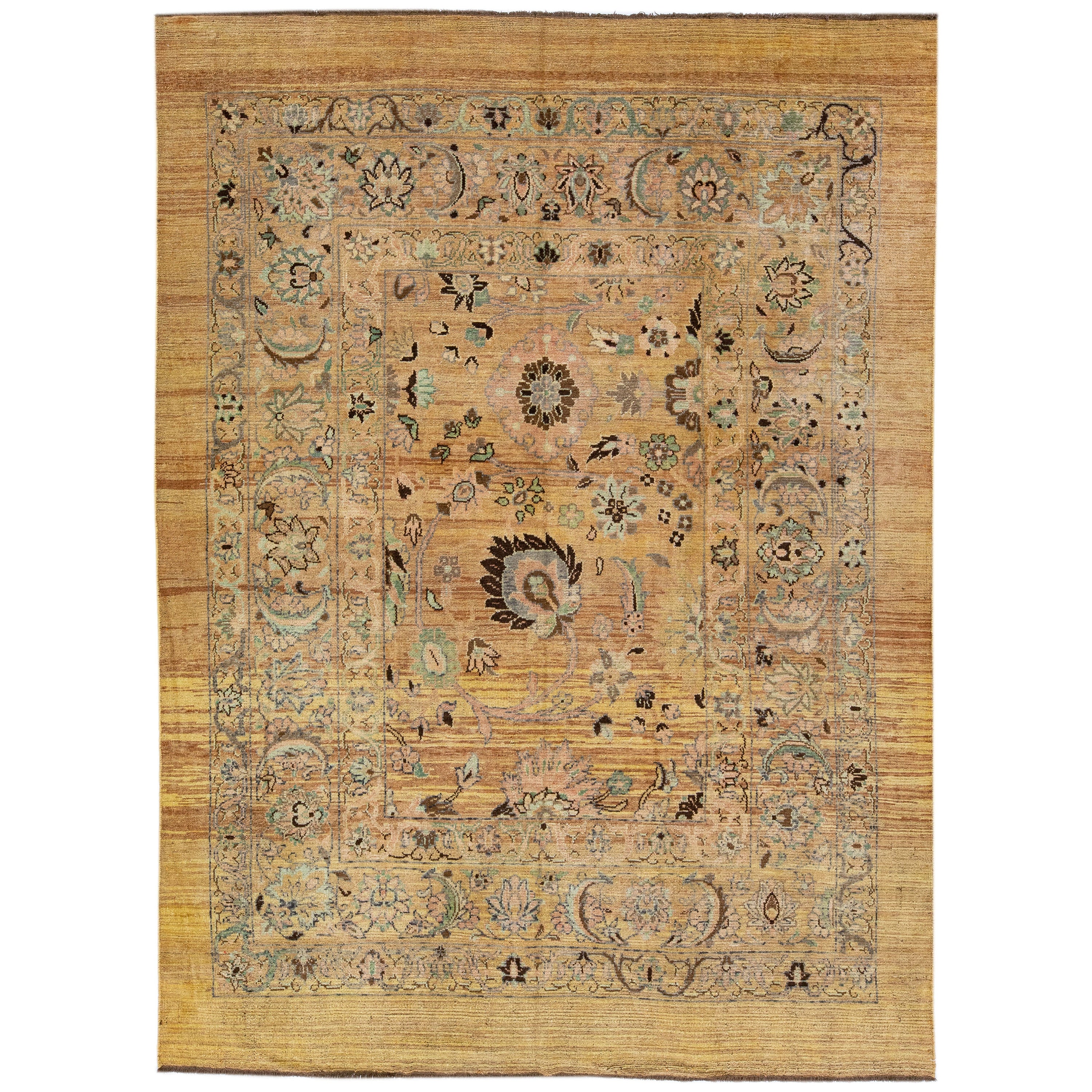 Mid-Century Transitional Style Handmade Allover Floral Tan Wool Rug by Apadana For Sale