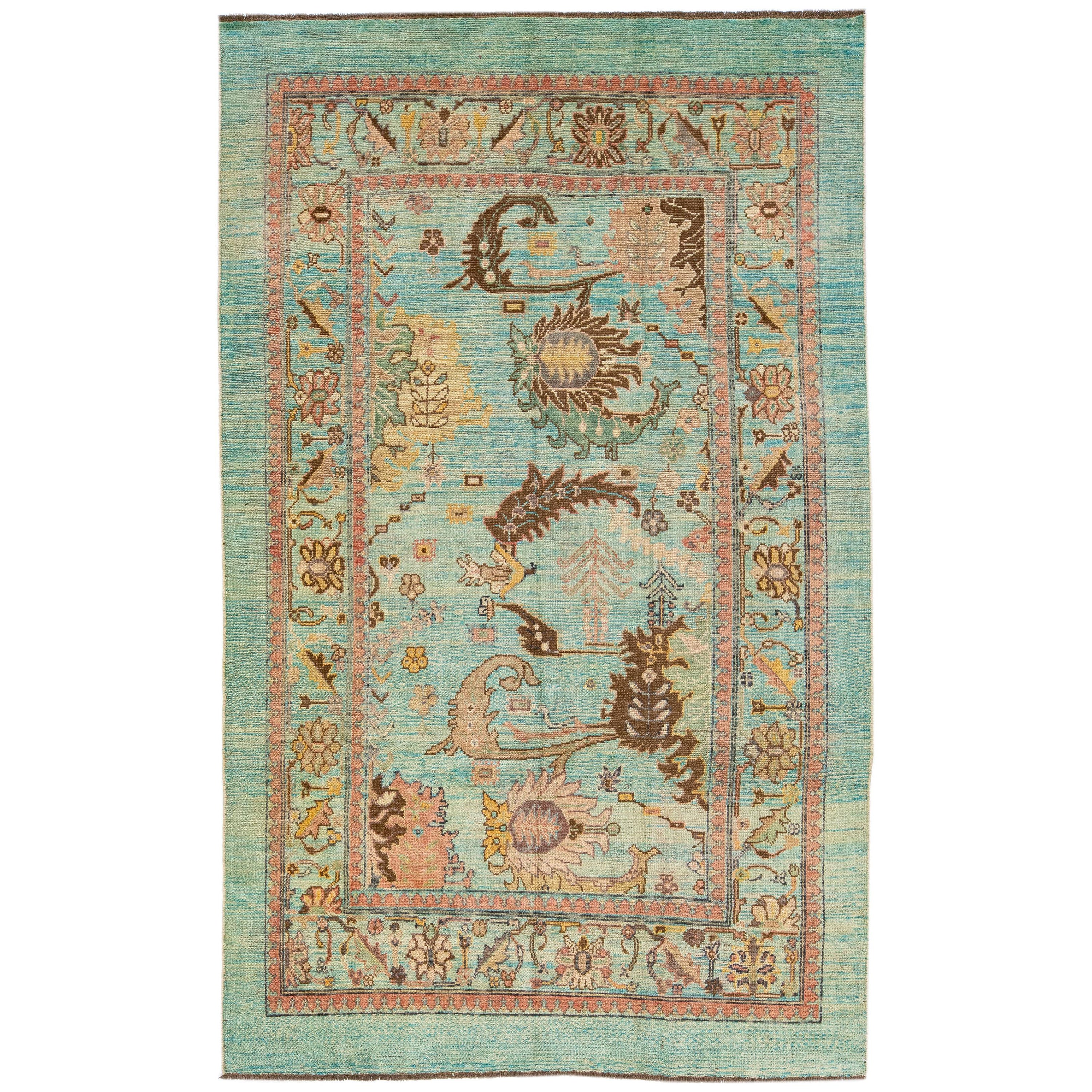 Blue MidCentury Transitional Style Handmade Floral Motif Wool Rug by Apadana For Sale at 1stDibs