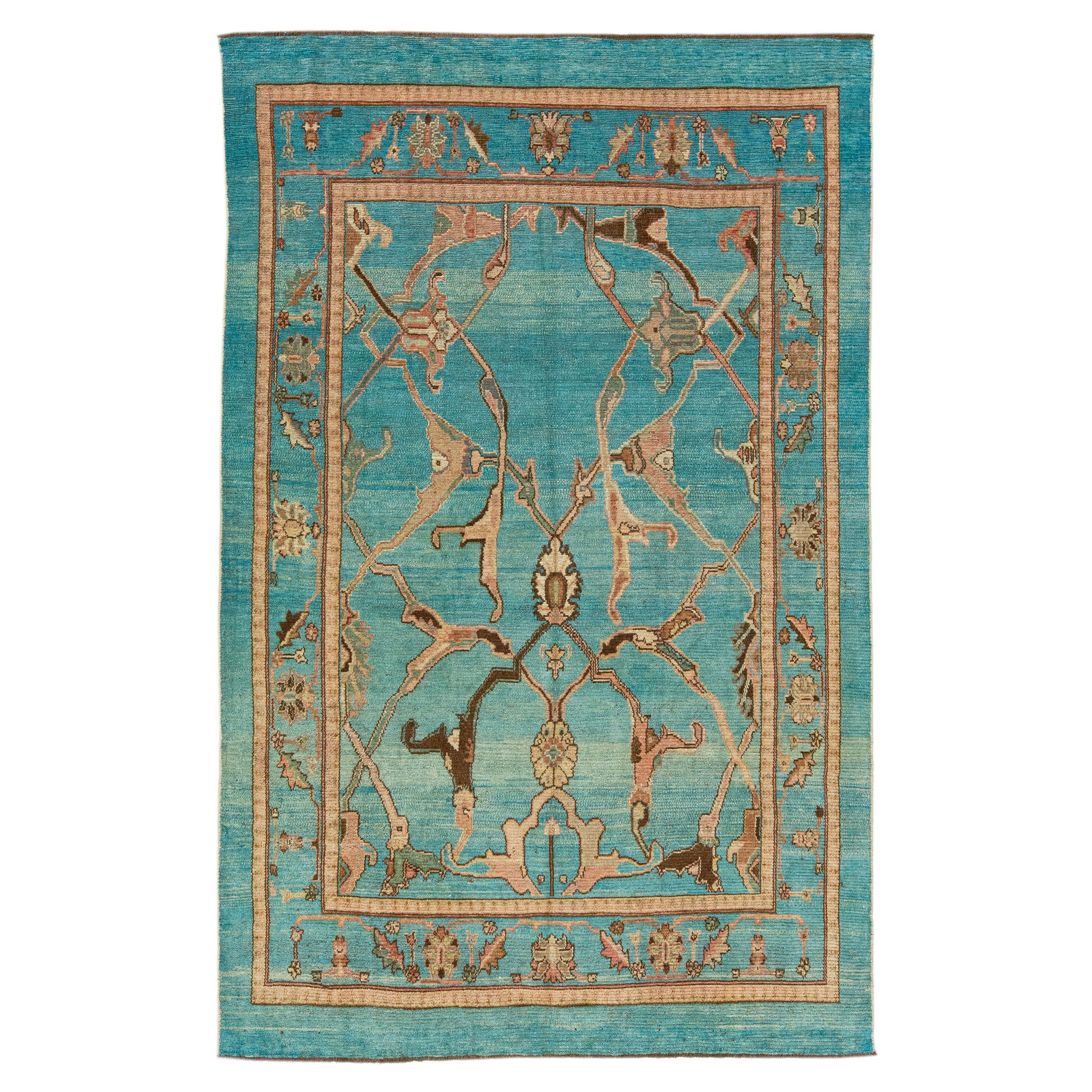 Mid-Century Modern Style Handmade Teal Wool with Tribal Motif Rug by Apadana For Sale