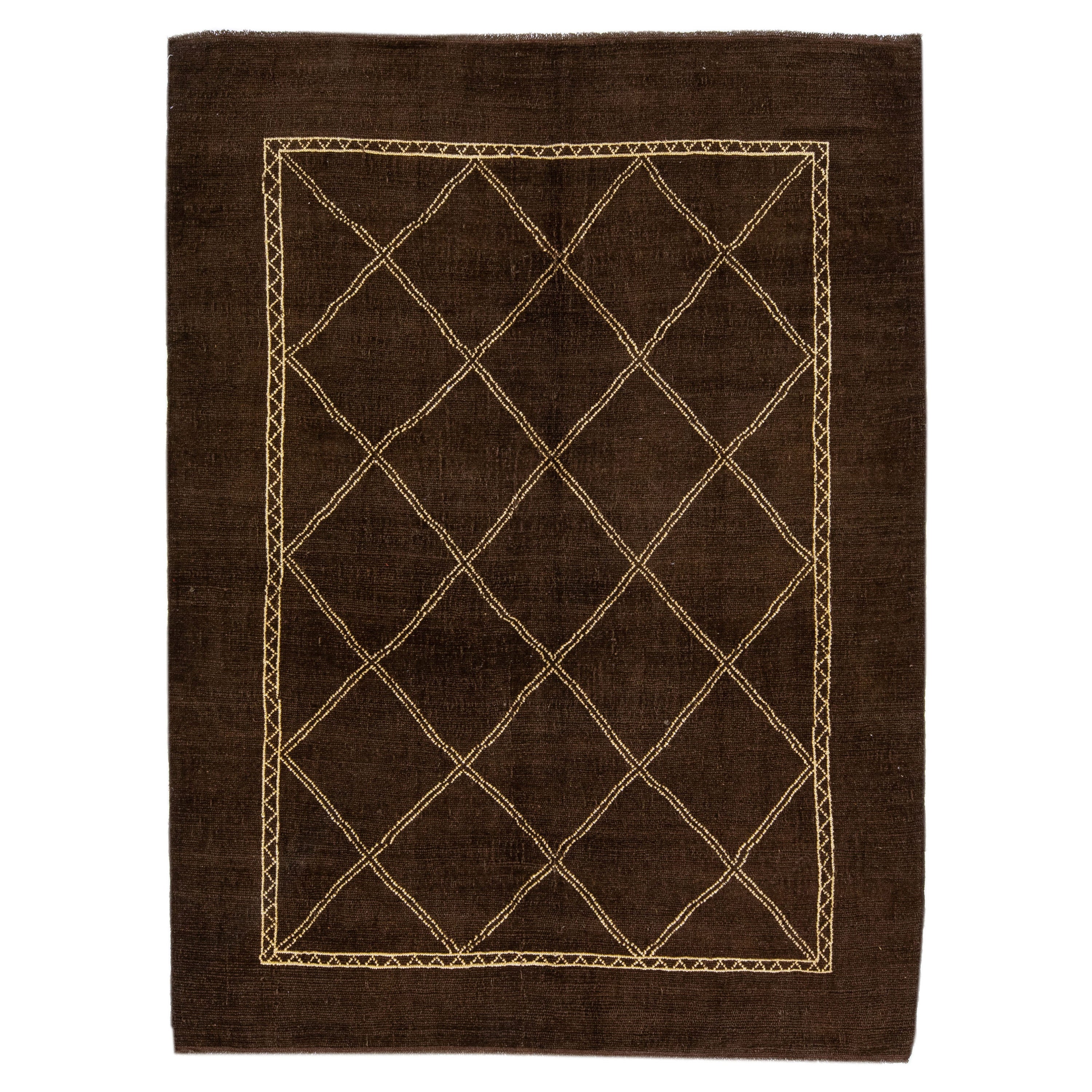Brown Modern Moroccan Style Handmade Tribal Motif Wool Rug by Apadana