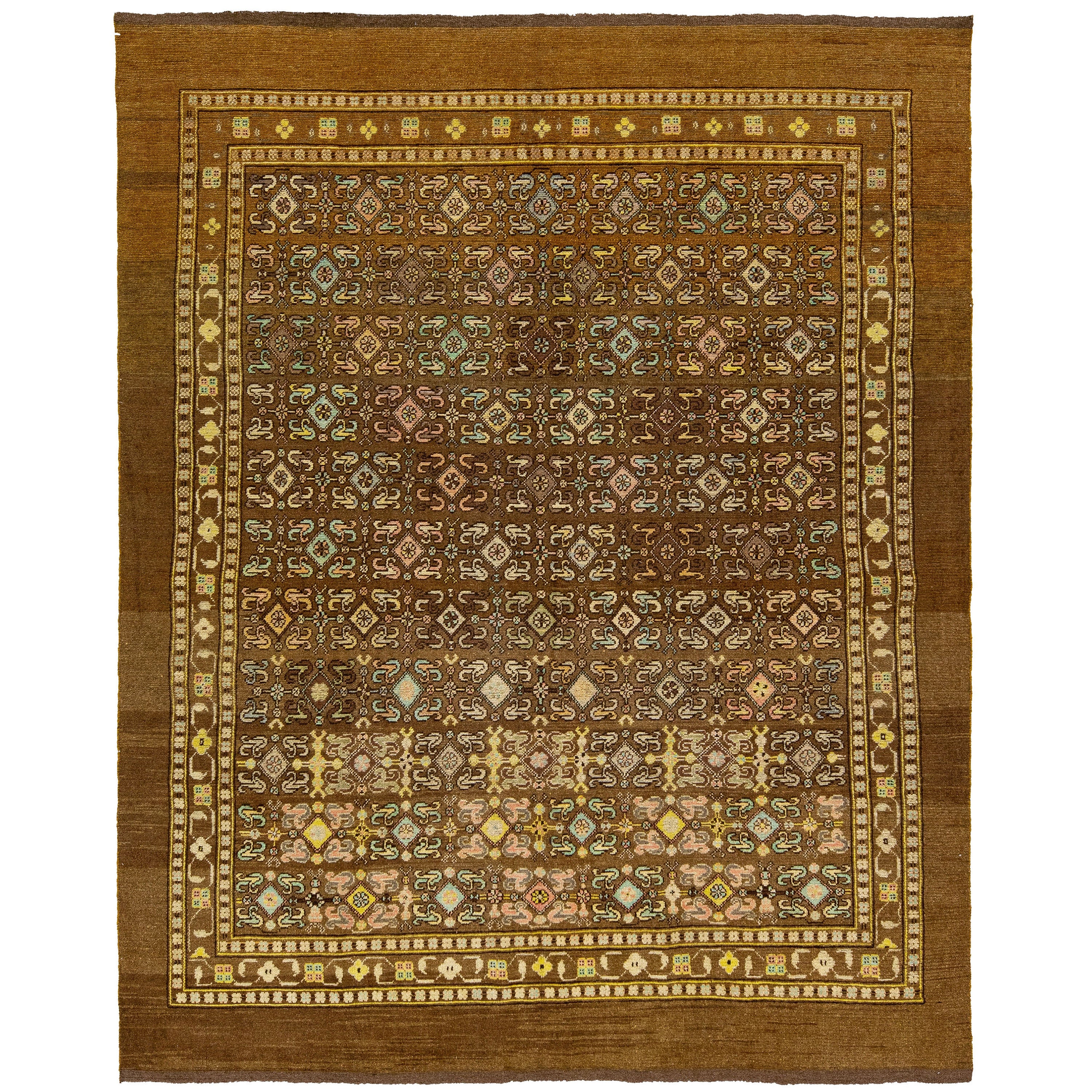 Mid-Century Transitional Style Handmade Allover Brown Wool Rug by Apadana For Sale