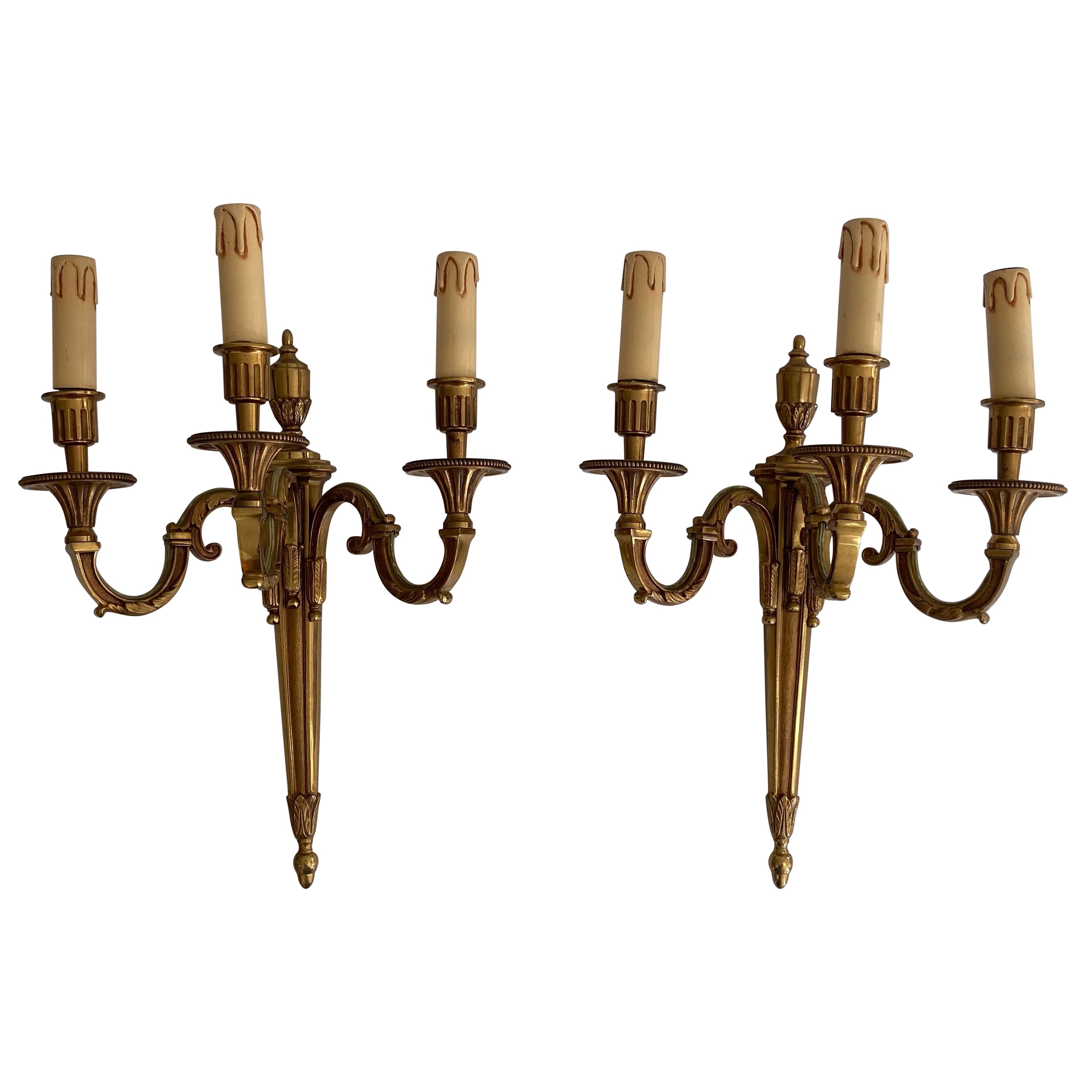 Pair of Louis the 16th Style 3 Arms Bronze Wall Lights by Lucien Gau For Sale