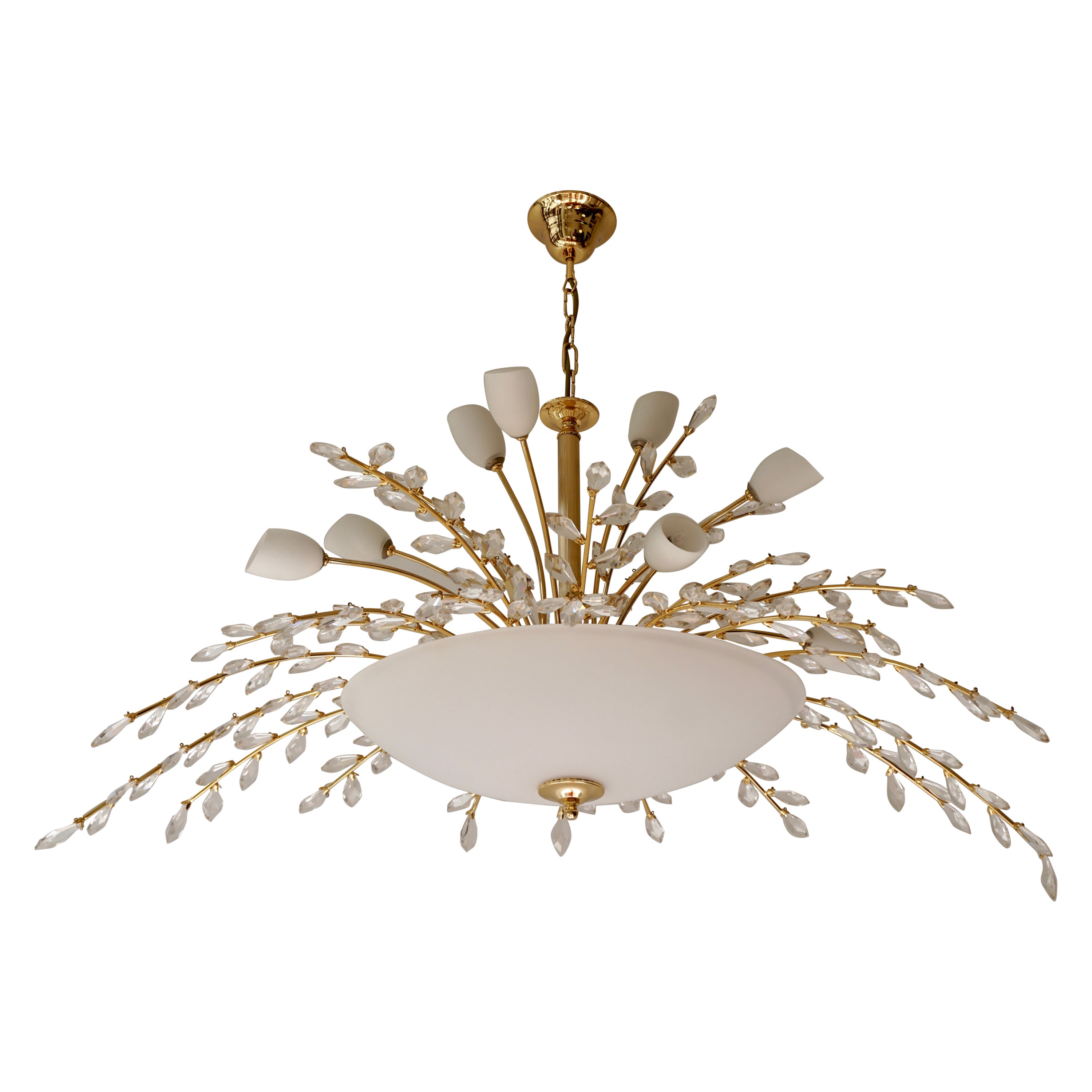 Oval Italian Chandelier in Opaline Glass and Brass
