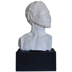 1980s Italian White Mat Terracotta Female Sculpture, Black Leather Base
