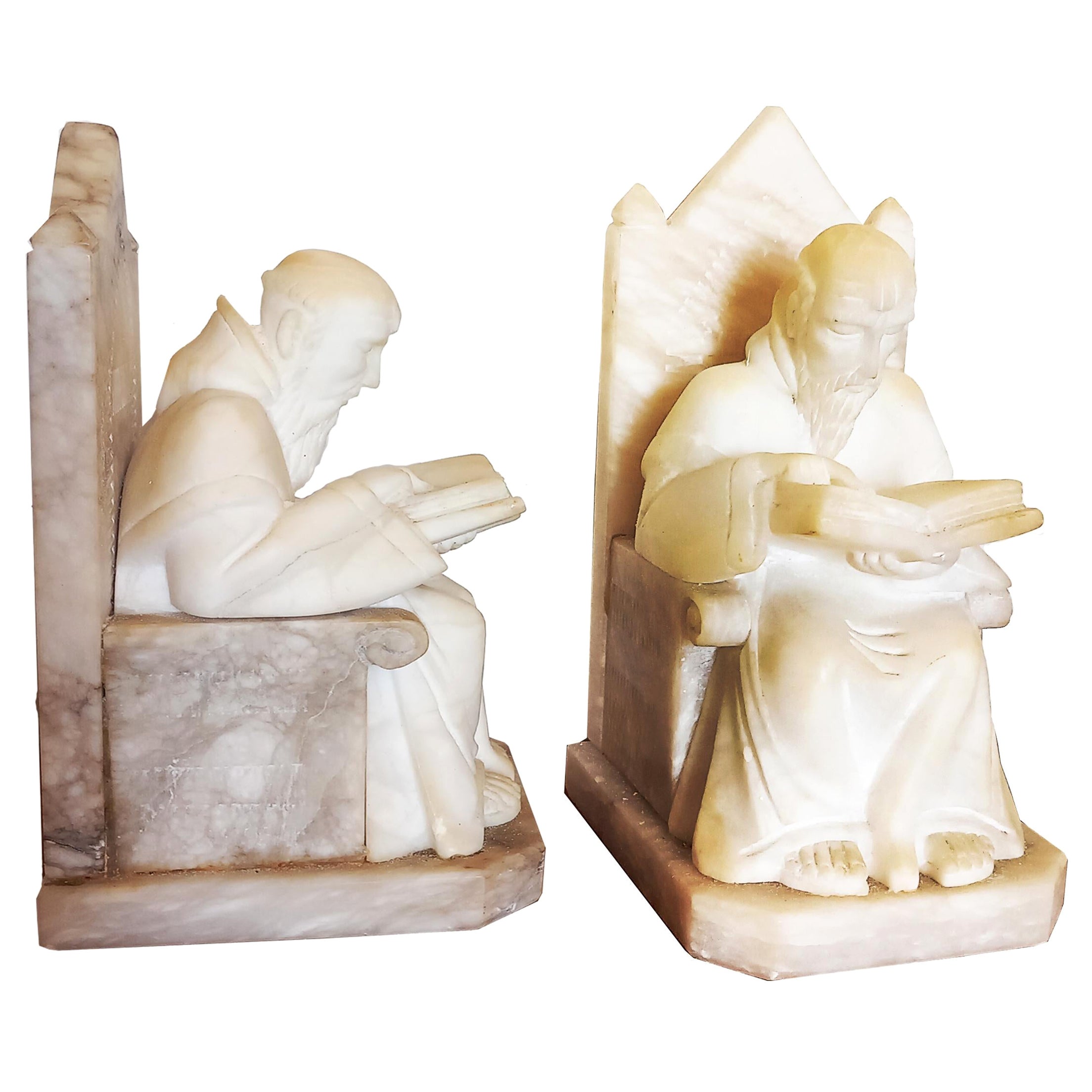 Pair of Alabaster Bookends in Form of Medieval Library Very Original
