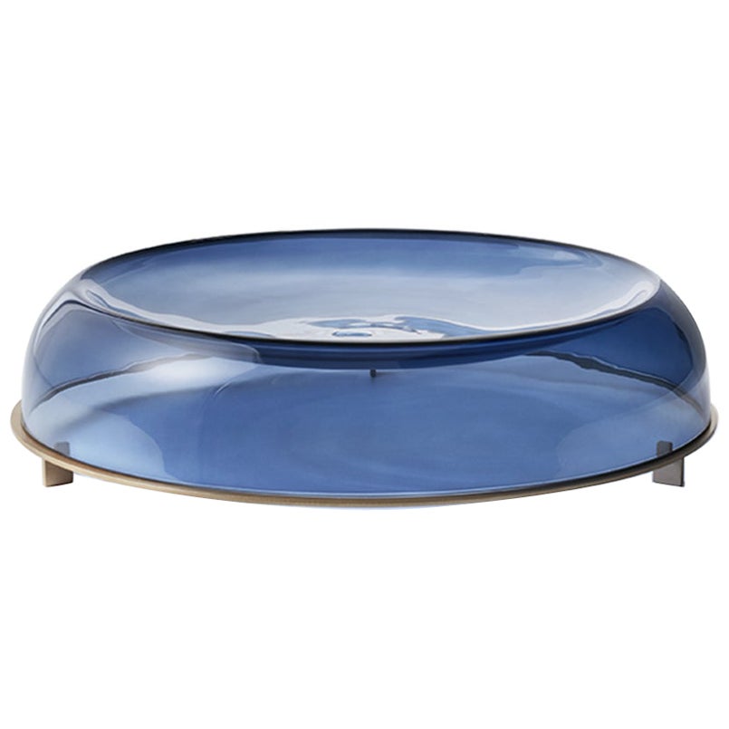 Handmade Centerpiece the Flat by Neri & Hu in Blue Blown Glass & Brass Base