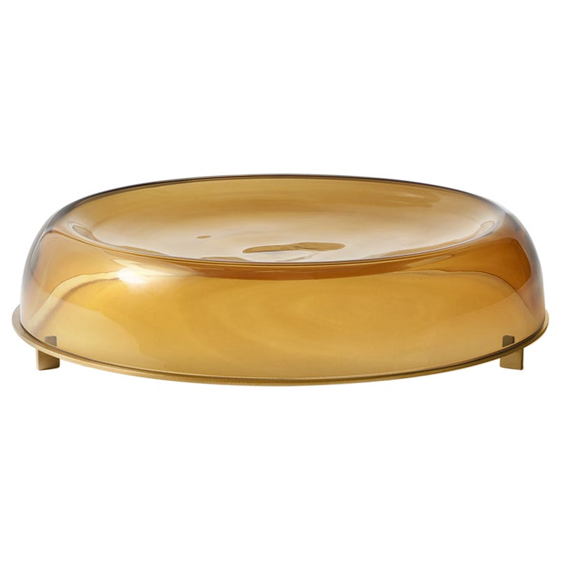Handmade centerpiece The Flat by Neri & Hu in yellow blown glass & brass base For Sale