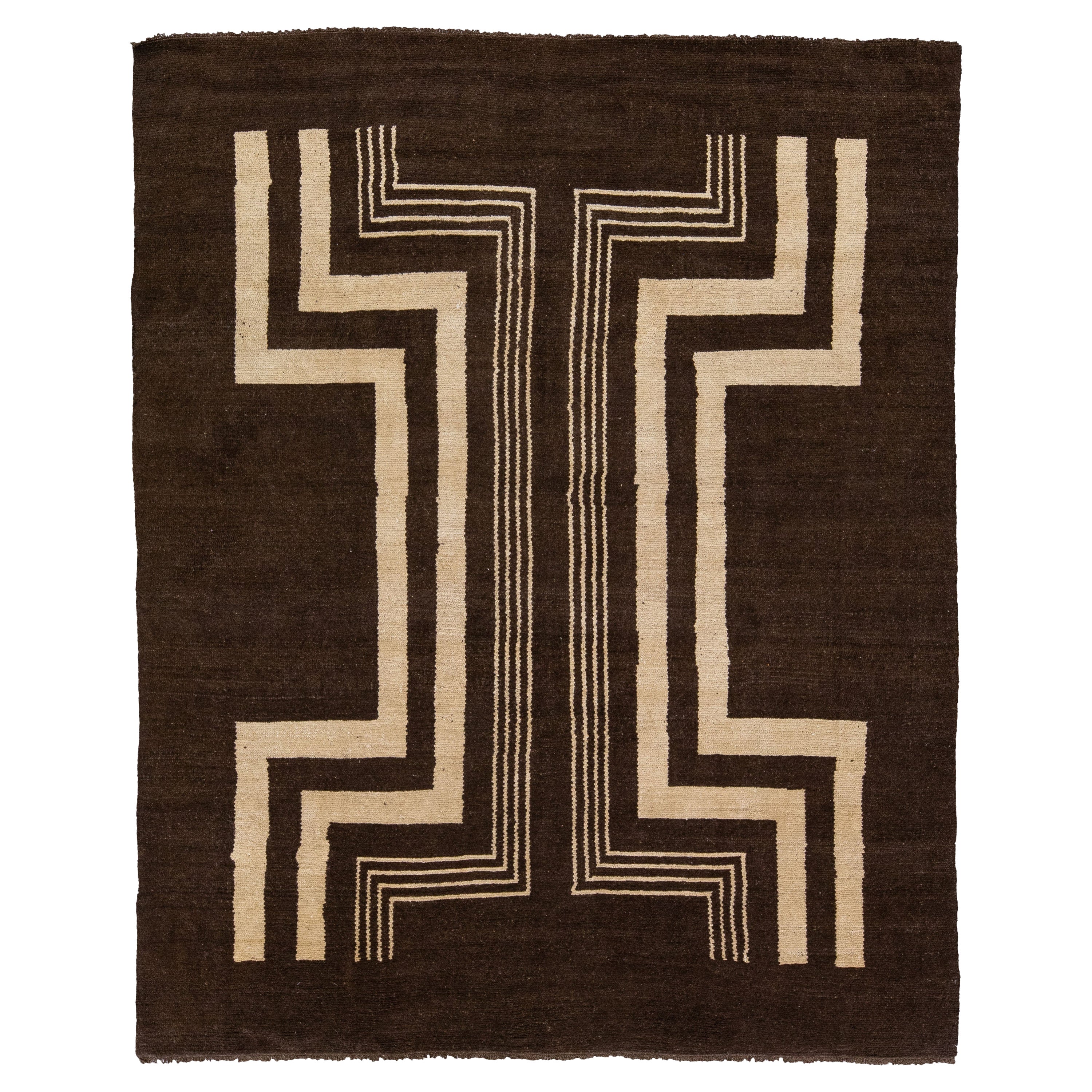Modern Art Deco Style Handmade Tribal Motif Brown Wool Rug by Apadana For Sale