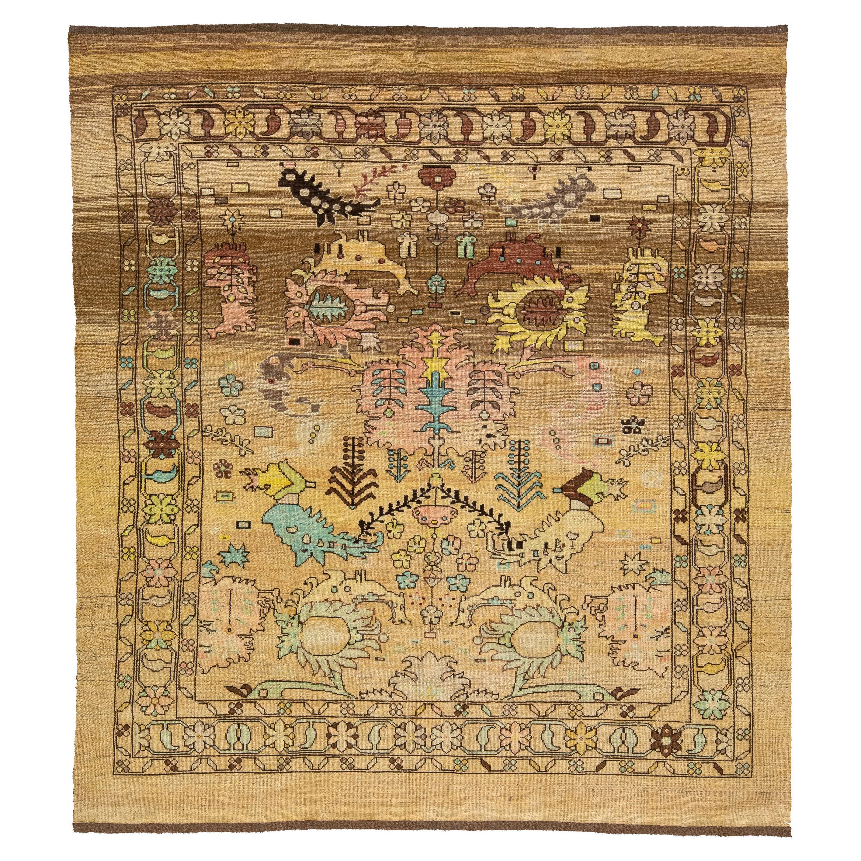 Tapis carré en laine de style Art Déco transitionnel brun clair et brun fait à la main par Apadana