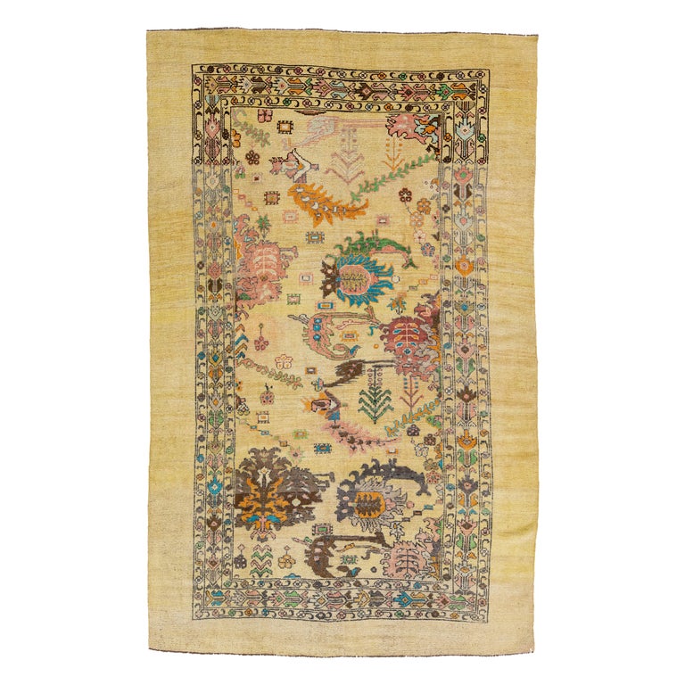 Transitional Art Deco Style Handmade Floral Beige/Tan Wool Rug by