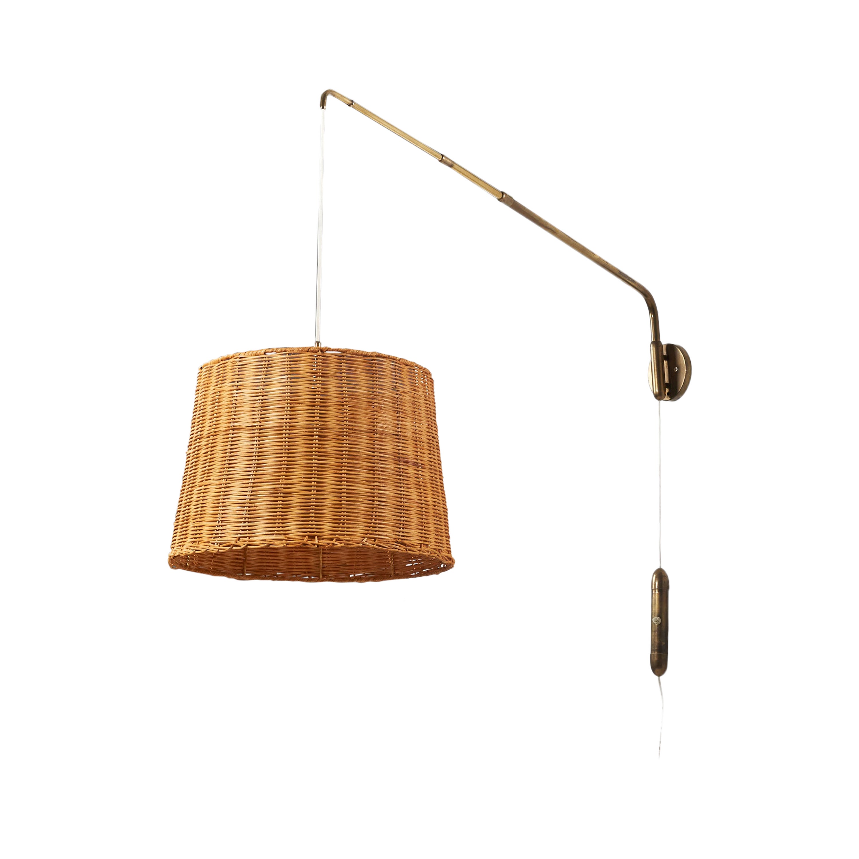 Italian Designer, Adjustable Wall Light, Brass, Rattan, Italy, 1940s For Sale