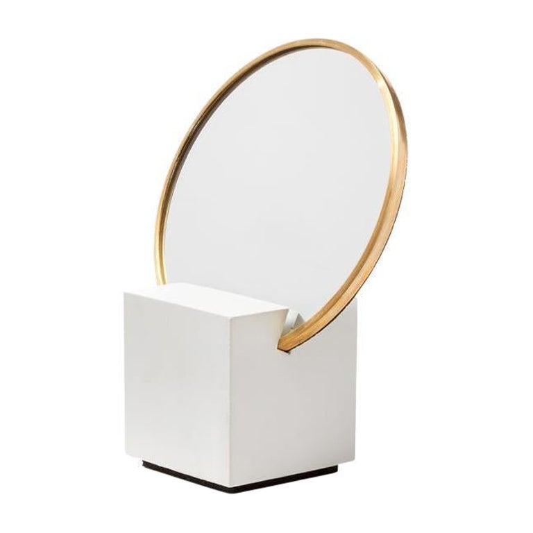 Brass Vanity Mirror with White Cube Base by Slash Objects