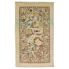 Mid-Century Modern Style Handmade Floral Motif Beige Wool Rug by Apadana