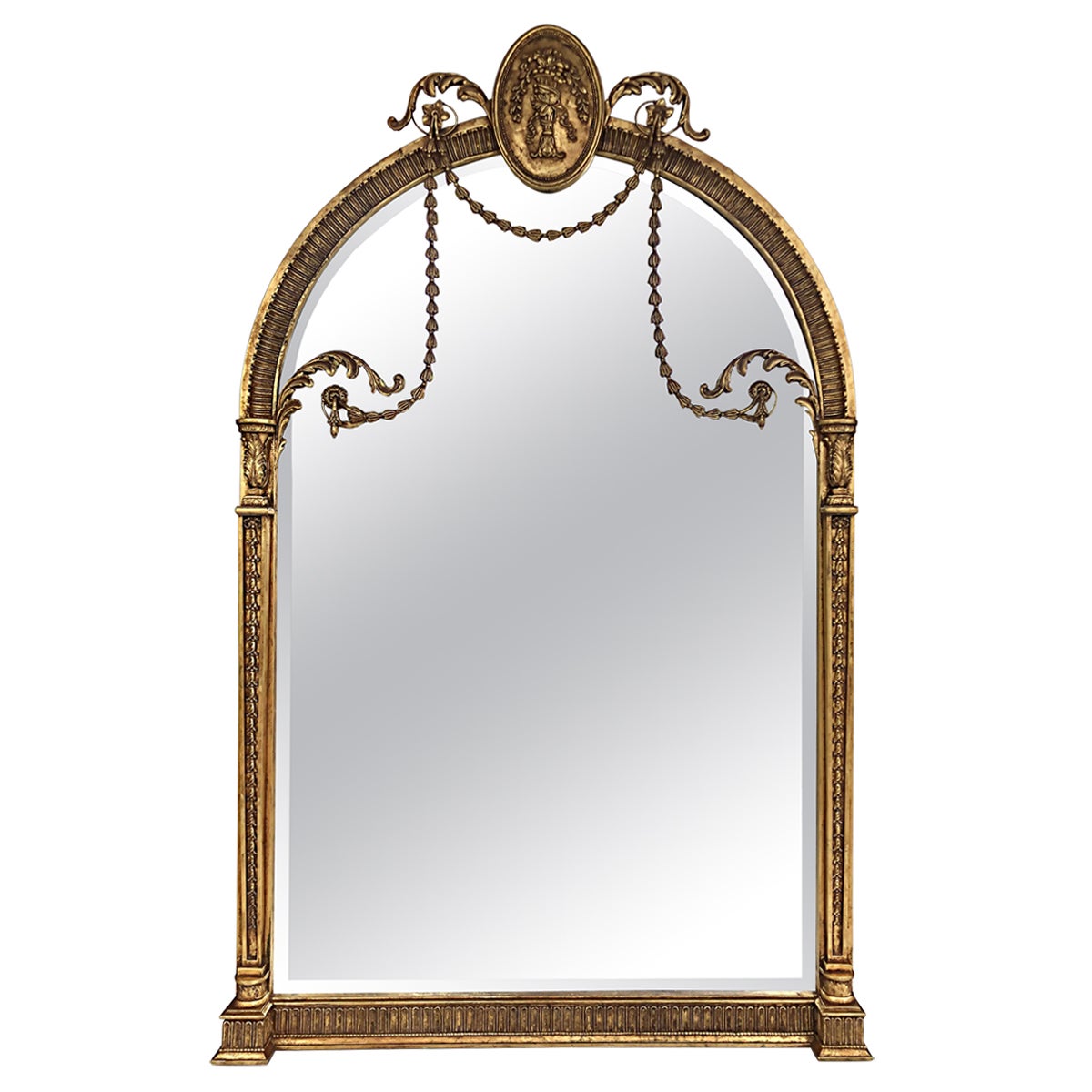Giltwood Monumental Beveled Mirror Wall Mirror with Swags