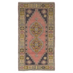 4x7 Ft Vintage Handmade Turkish Accent Rug with Geometric Design in Muted Colors