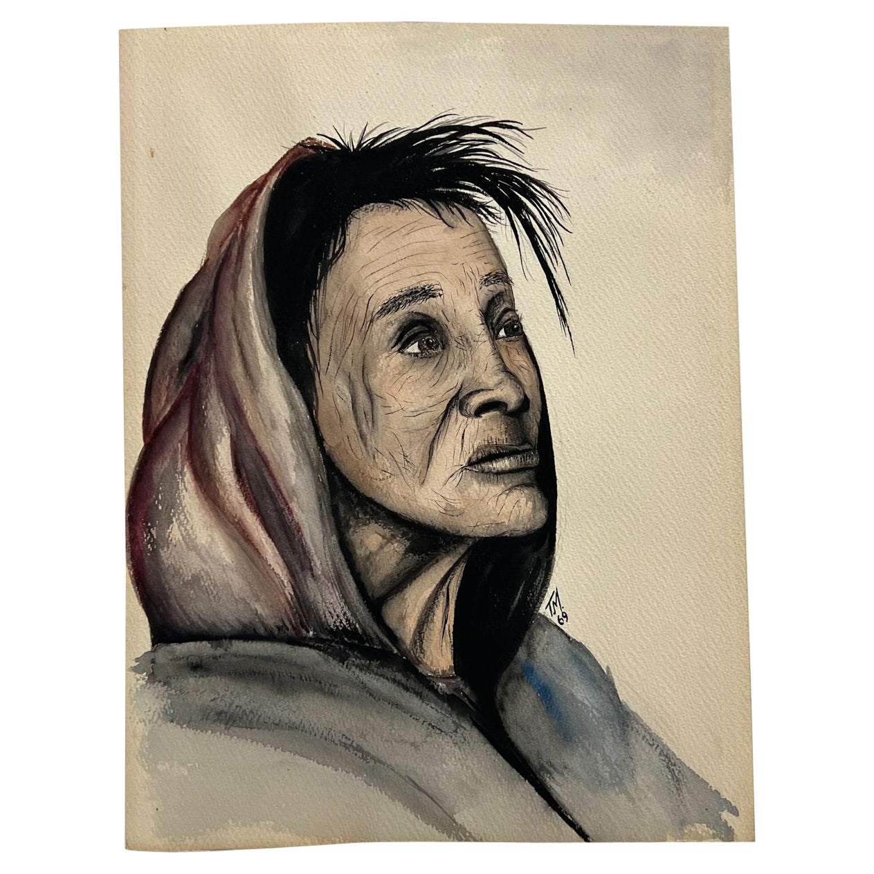 Large French Vintage Life Drawing/ Portrait Painting On Paper Mid