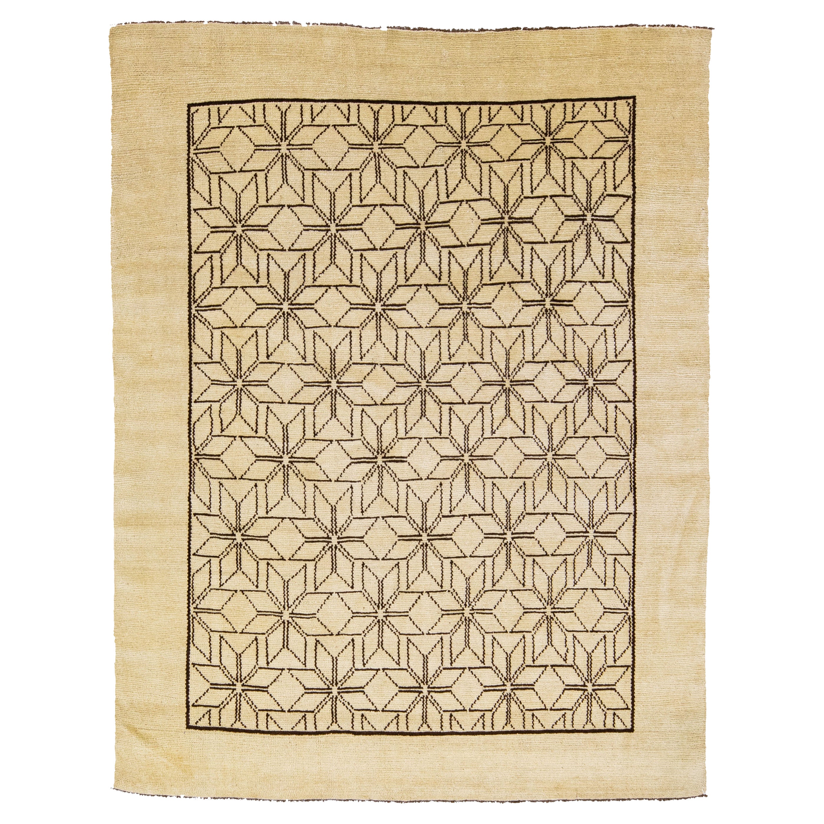Modern Moroccan Style Beige Handmade Geometric Pattern Wool Rug by Apadana