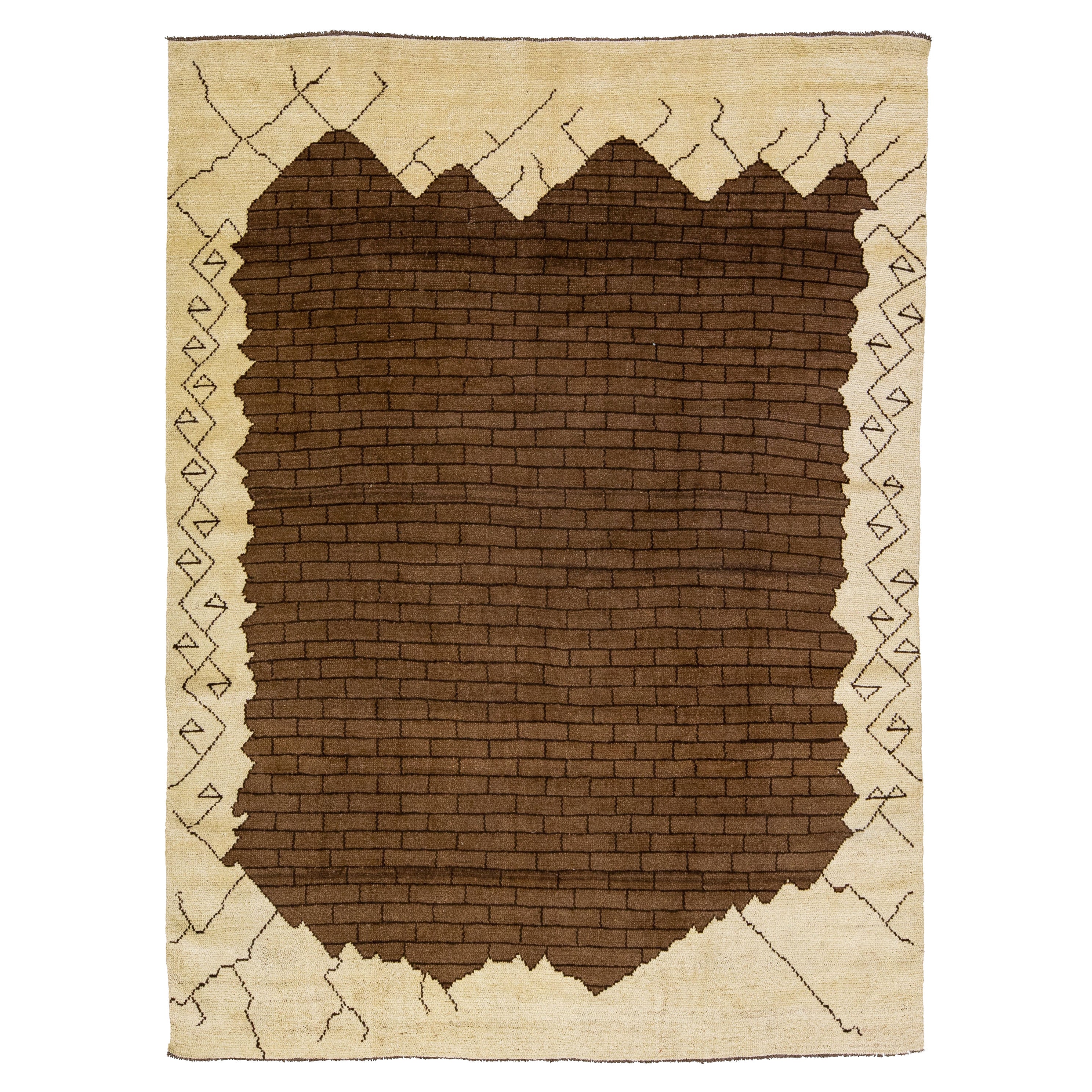 Tapis en laine marron de style Art Déco moderne fait à la main par Apadana