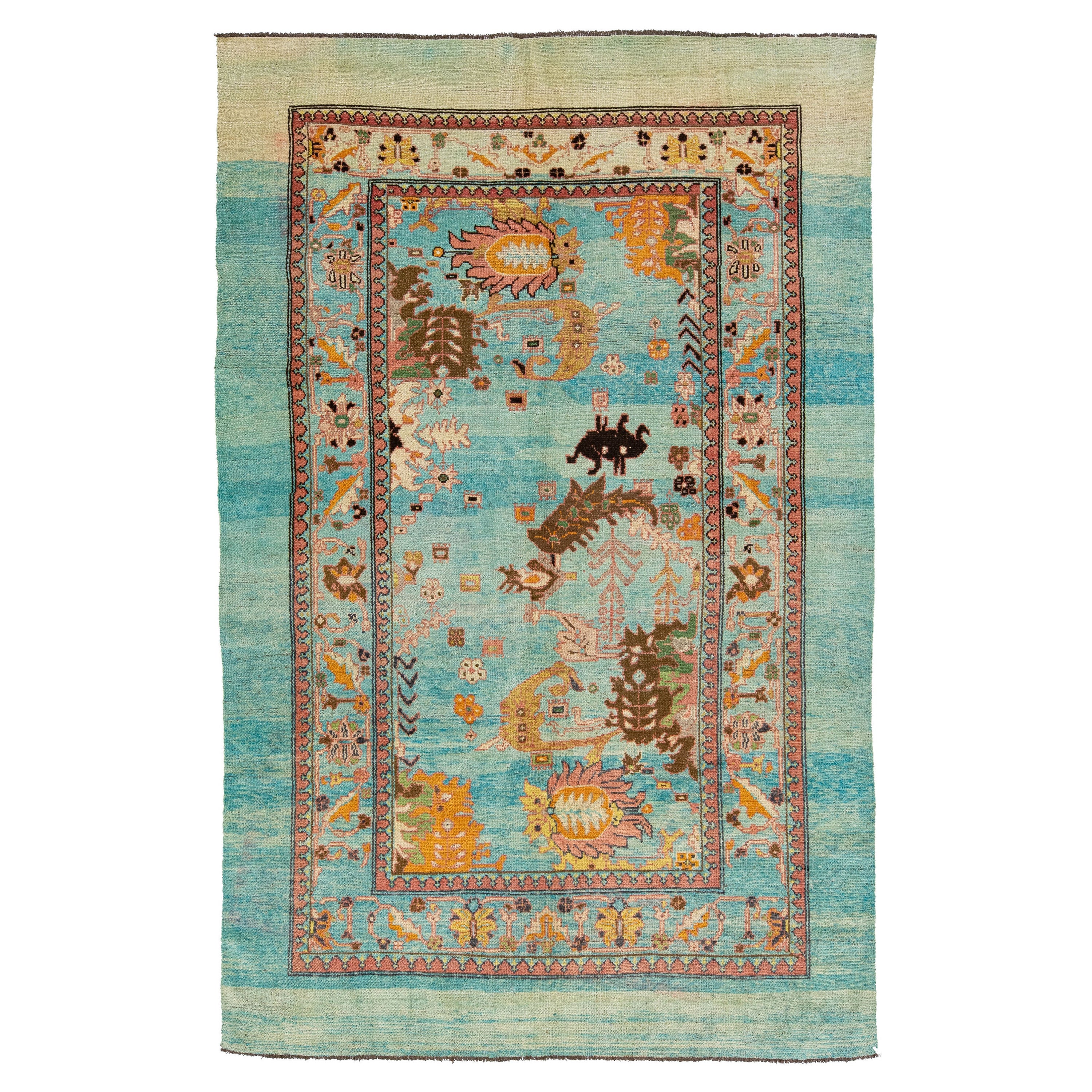 Tapis en laine bleu de style transitionnel du milieu du siècle, fait à la main et à motifs floraux, par Apadana