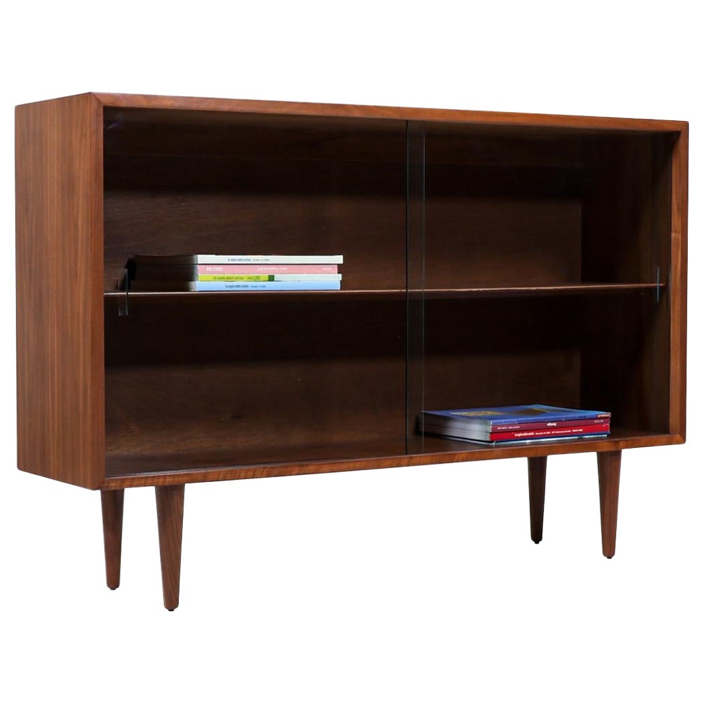 Expertly Restored - Mid-Century Modern Bookcase with Glass Sliding Doors For Sale