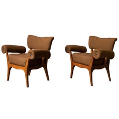 Italian Designer, Lounge Chairs, Wood, Brown Fabric, Italy, 1950s