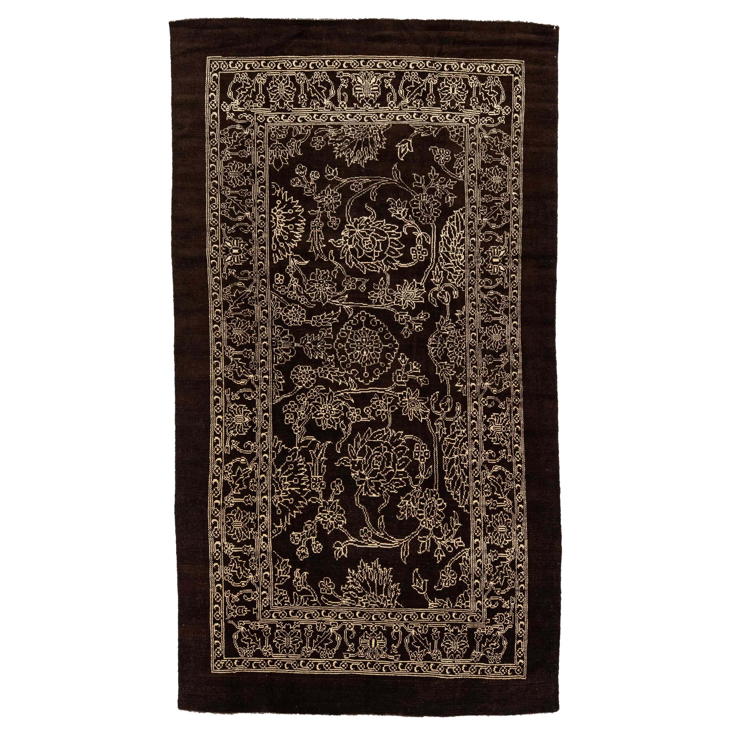 Mid-Century Modern Style Handmade Allover Motif Brown Wool Rug by Apadana For Sale