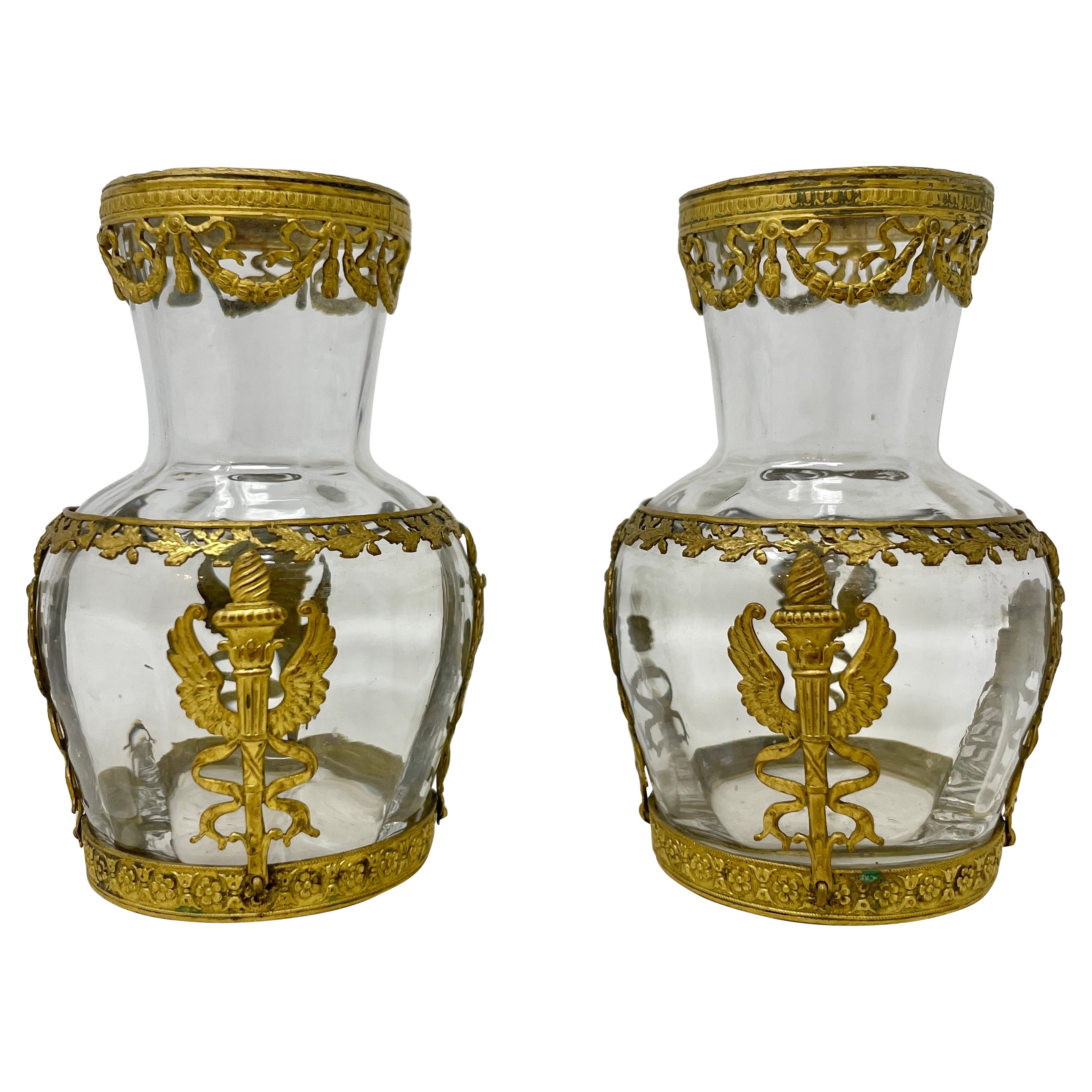 Pair Antique French Neoclassical Bronze D'ore Mounted Crystal Vases, Circa, 1900