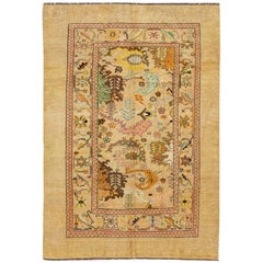 Mid-Century Transitional Style Handmade Floral Motif Tan Wool Rug by Apadana