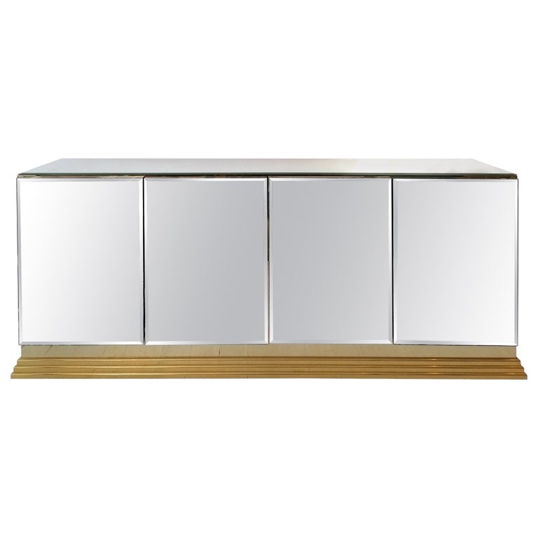 Vintage Mirrored Sideboard with Brass Base, by Ello Furniture USA, 1970s / 80s For Sale