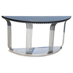 French Art Deco Marble Top Steel Demilune Console Table