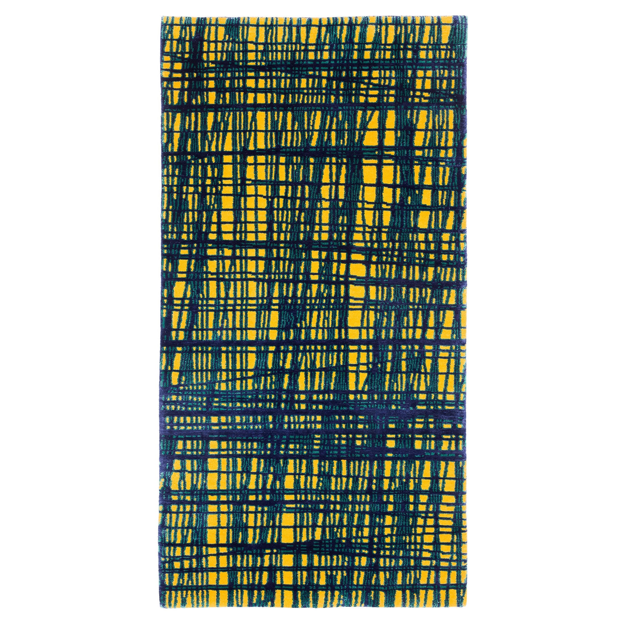 Tapis géométrique bleu et jaune vibrant tissé en laine et en soie