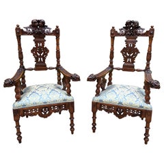 Antique French Arm Chairs Pair Cherubs Angels Carved Walnut Blue Upholstery