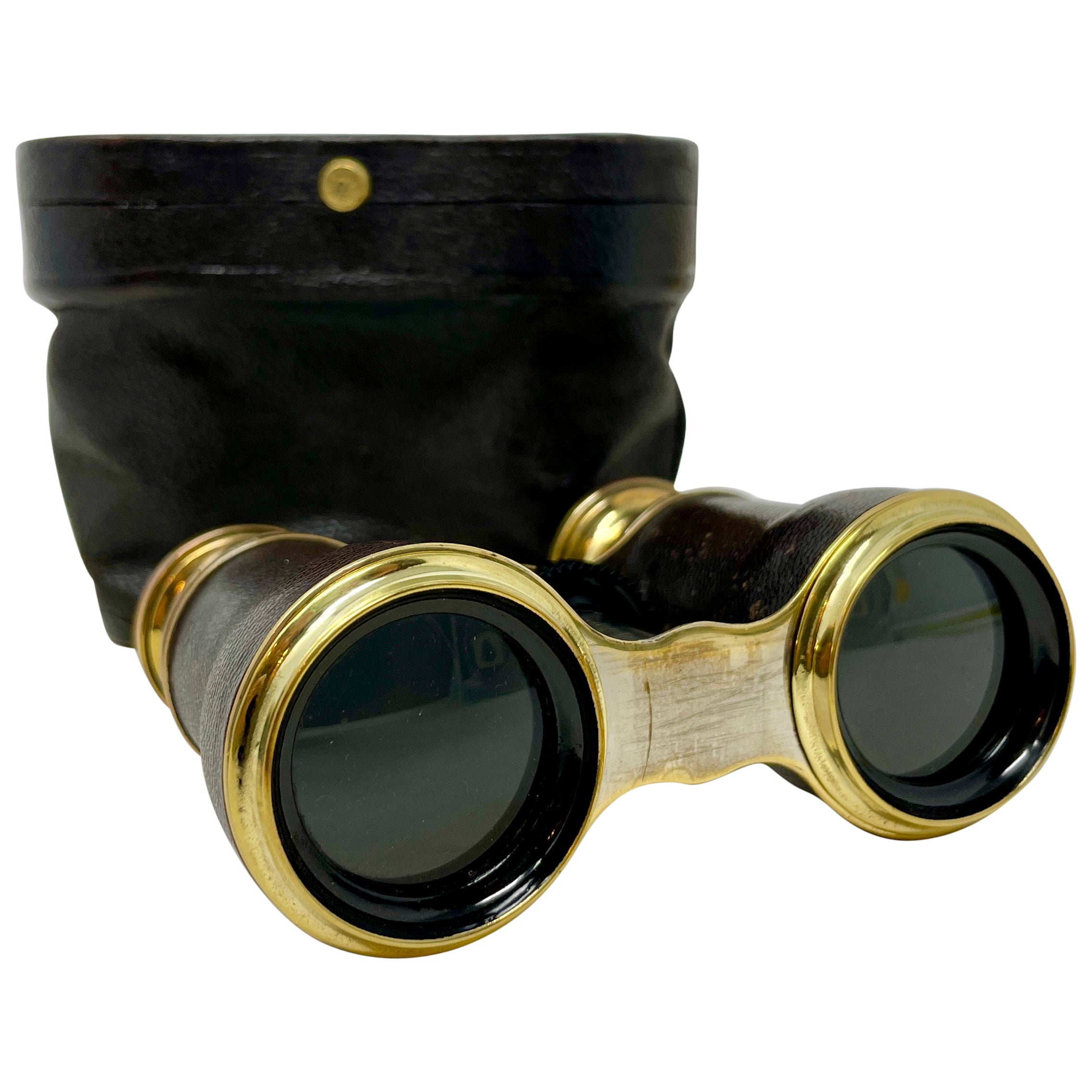 Pair of Antique Binoculars, English, Brass, Leather, Optical Instrument
