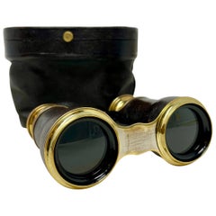 Antique English Brass & Leather Telescoping Binoculars in Original Case, Ca 1900