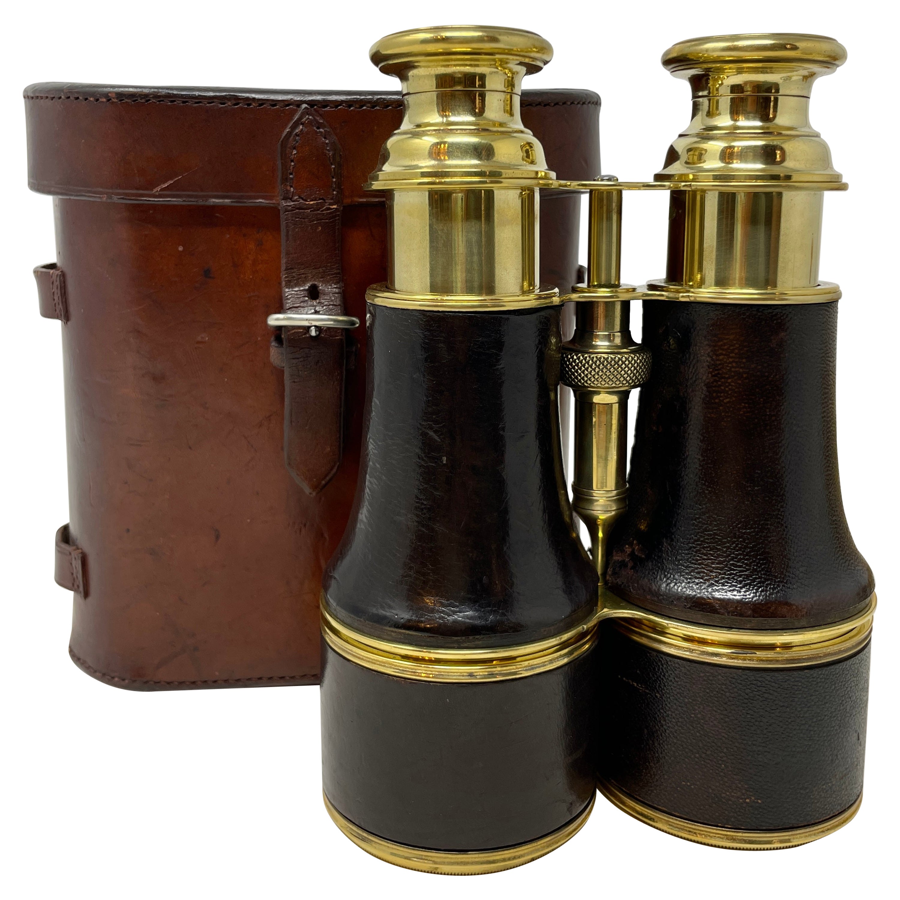 Antique English Binoculars with Leather Grips and Original Case, Circa 1910