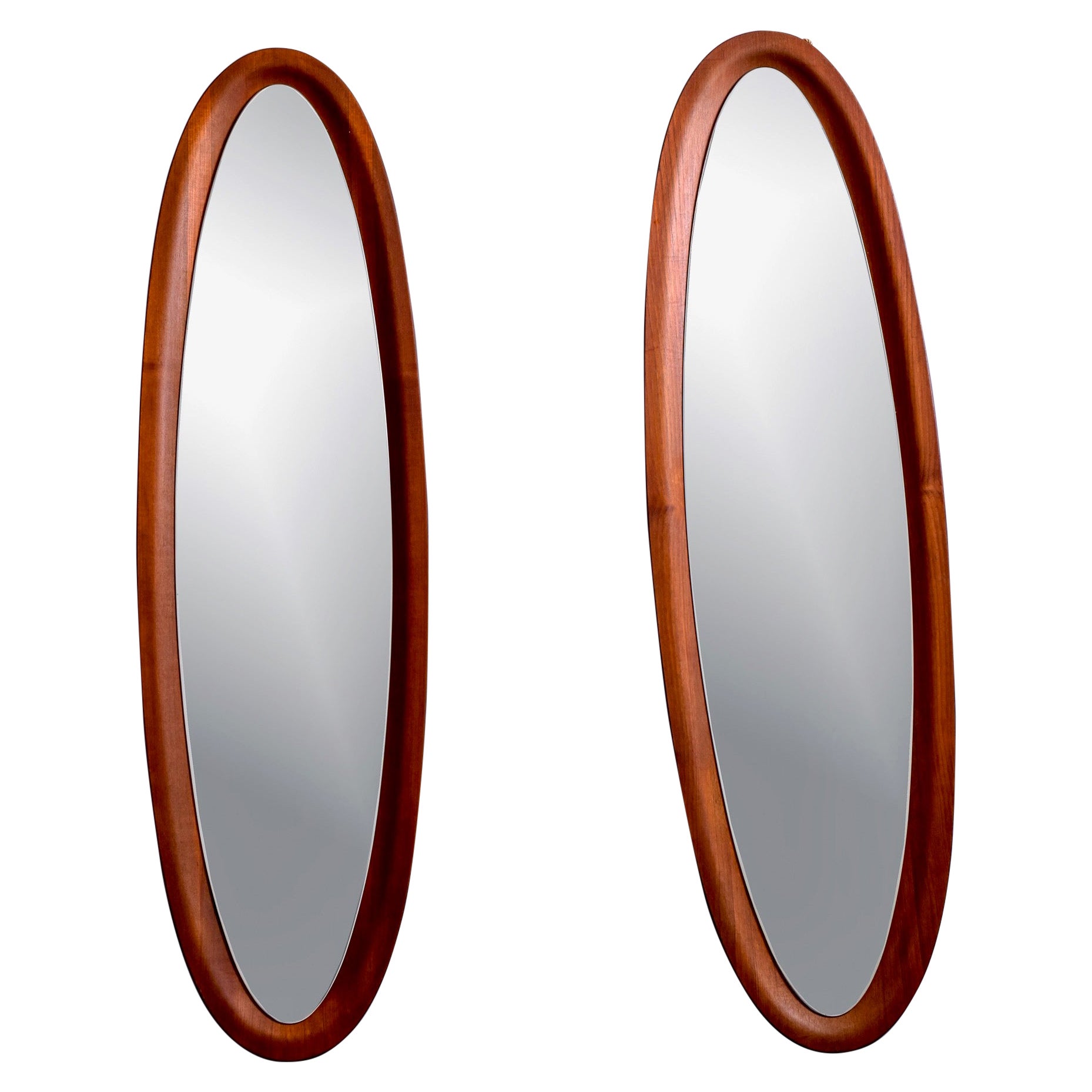 Pair Tall Slender Mid Century Italian Oval Mirrors with Deep Set Frames For Sale