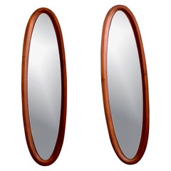 Pair Tall Slender Mid Century Italian Oval Mirrors with Deep Set Frames