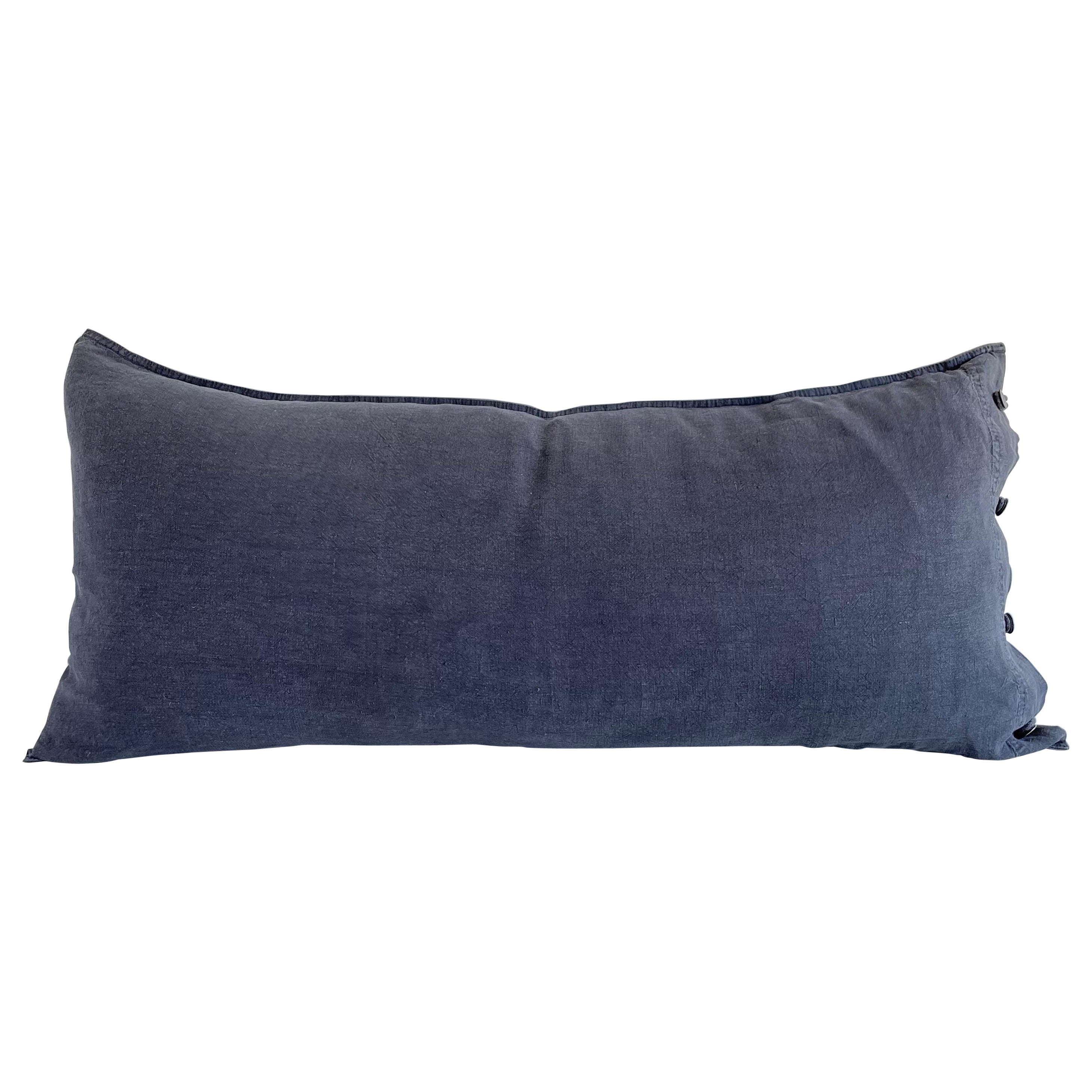 French Linen Lumbar Pillow in Stone Washed Noir For Sale