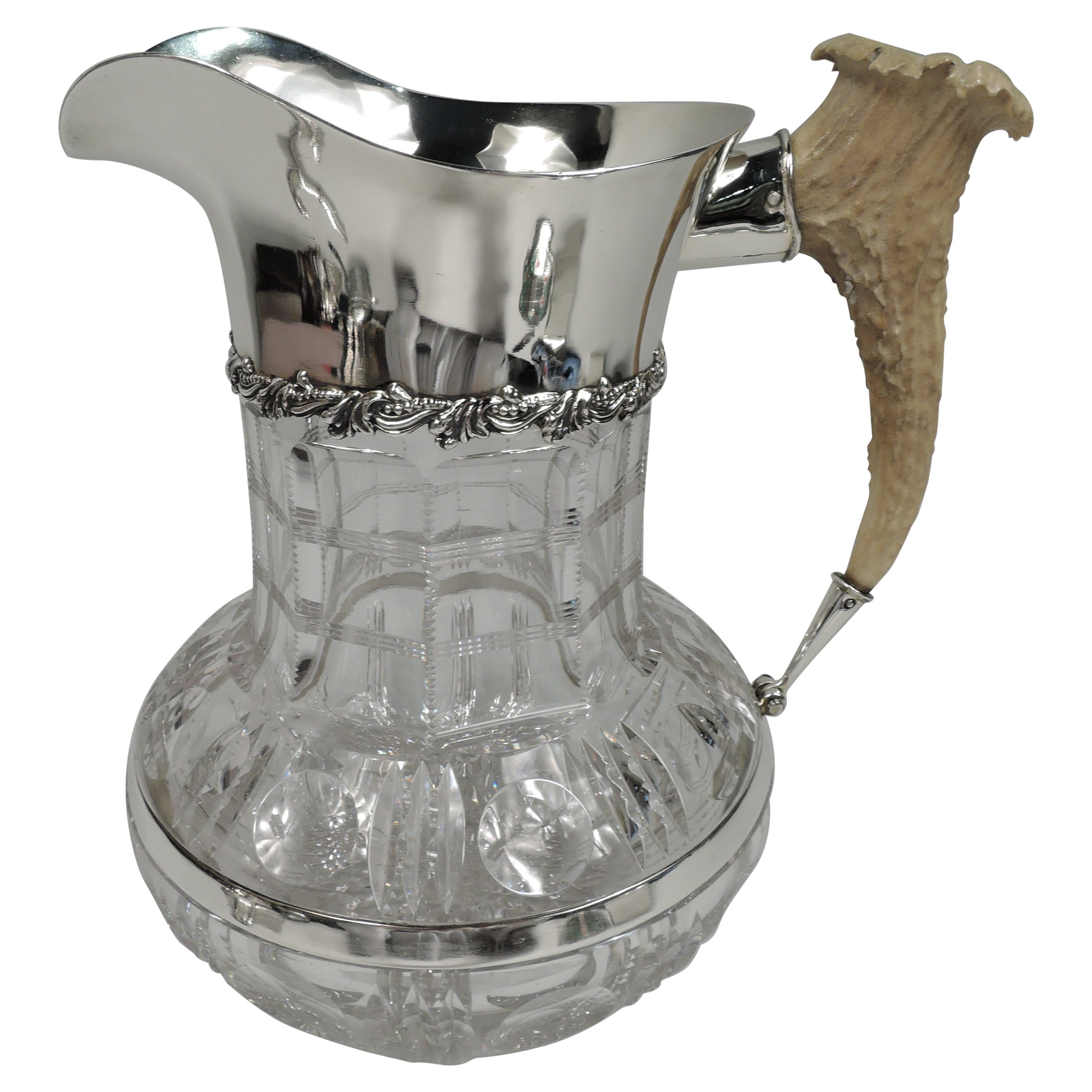 American Classical Cut-Glass Water Pitcher with Big-Game Horn Handle For Sale