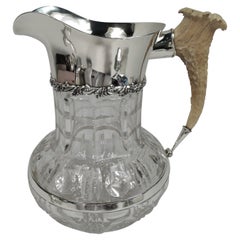 Antique American Classical Cut-Glass Water Pitcher with Big-Game Horn Handle