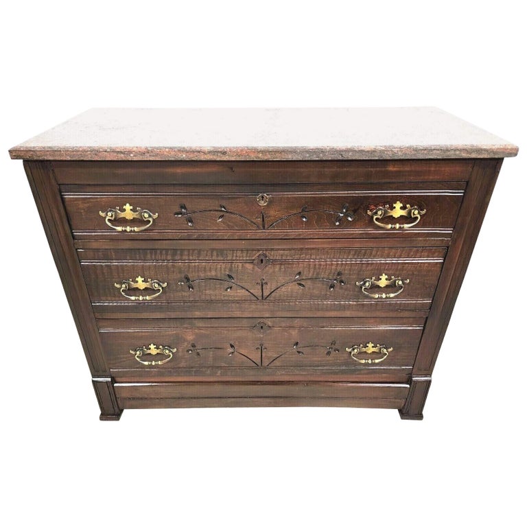 Antique 1800s French Country Granite Top Chest Of Drawers Dresser