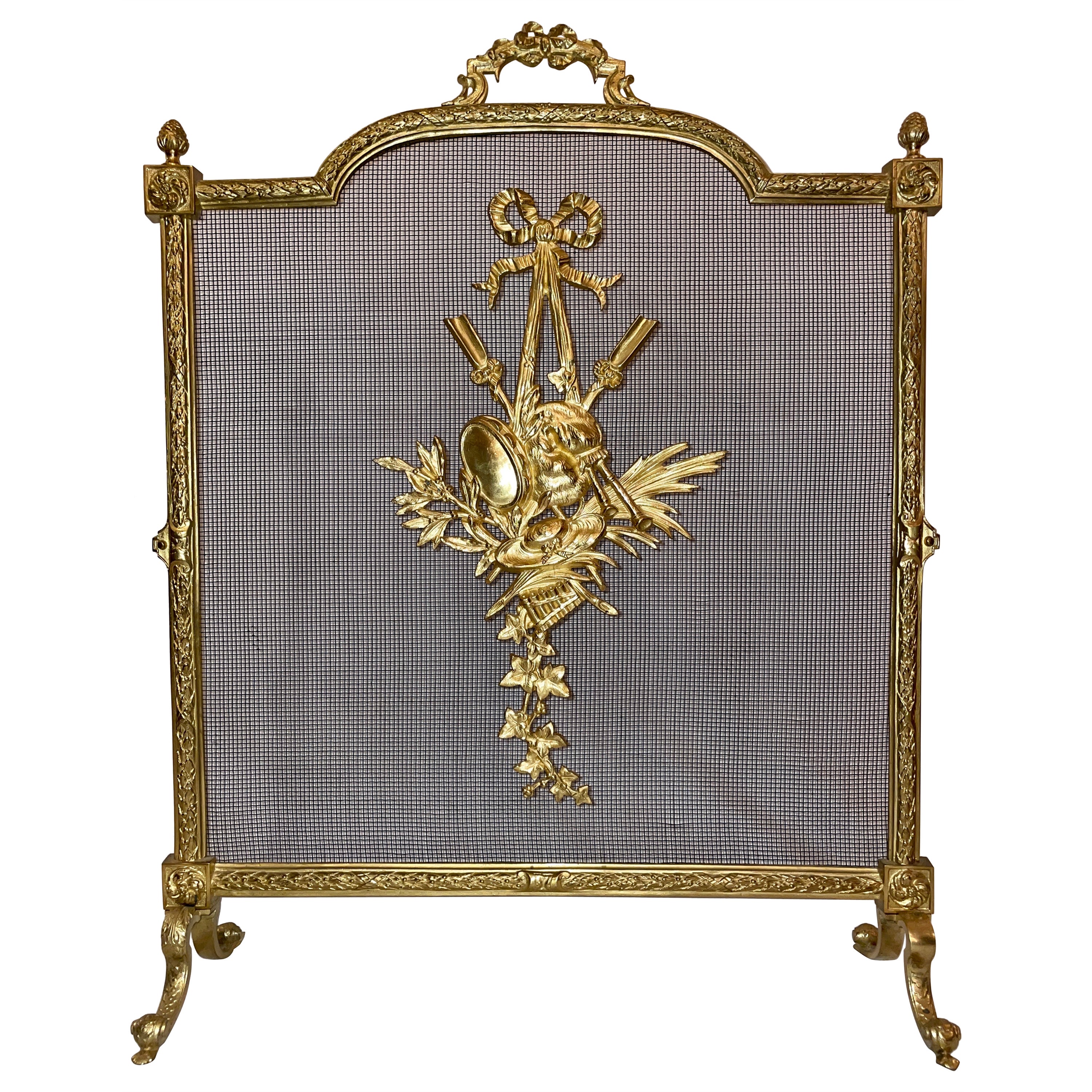 Antique French Louis XVI Gold Bronze Fire Screen, Circa 1900-1910