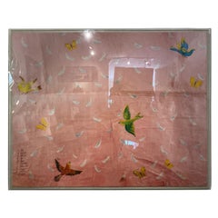 Large Lucite Shadow Box with Print Featuring Birds, Butterflies & Feathers