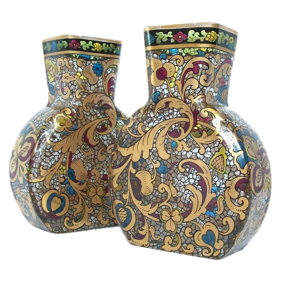 Pair of Renaissance Style Gilded & Enameled Glass Vases, Europe, 19th Century For Sale