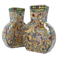 Antique Pair of Renaissance Style Gilded & Enameled Glass Vases, Europe, 19th Century