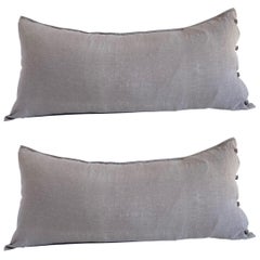 Pair French Linen Lumbar Pillow with Decorative Button Closure