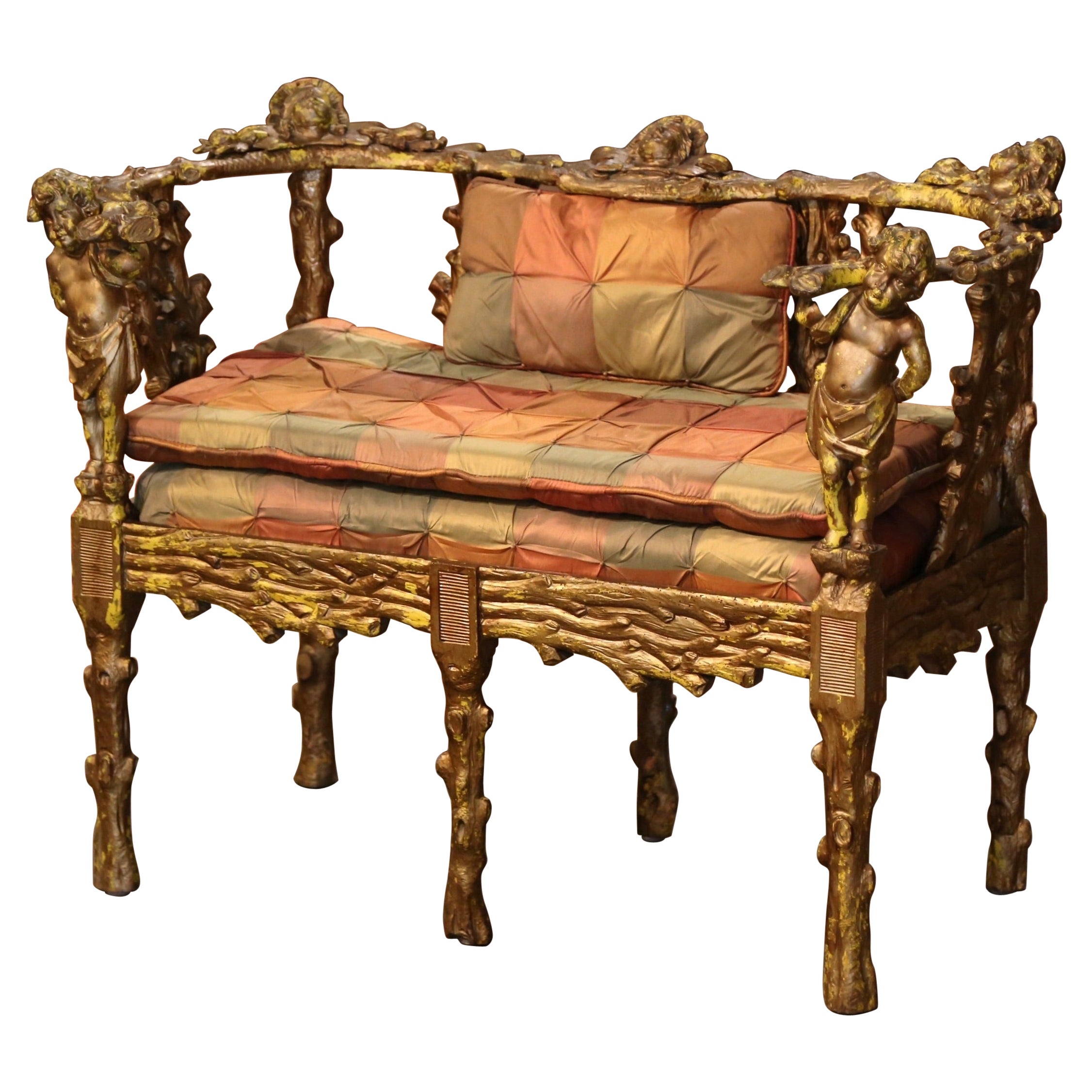 18th Century Italian Carved and Painted Grotto Settee with Silk Cushion & Pillow