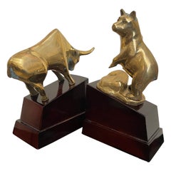 Pair of Bull & Bear Brass Bookends on Wood Bases