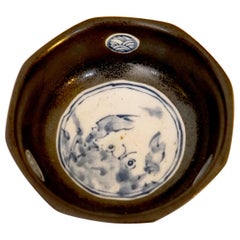 Vintage Korean Hexagonal Blue and White Ceramic Glazed Earthenware Bowl
