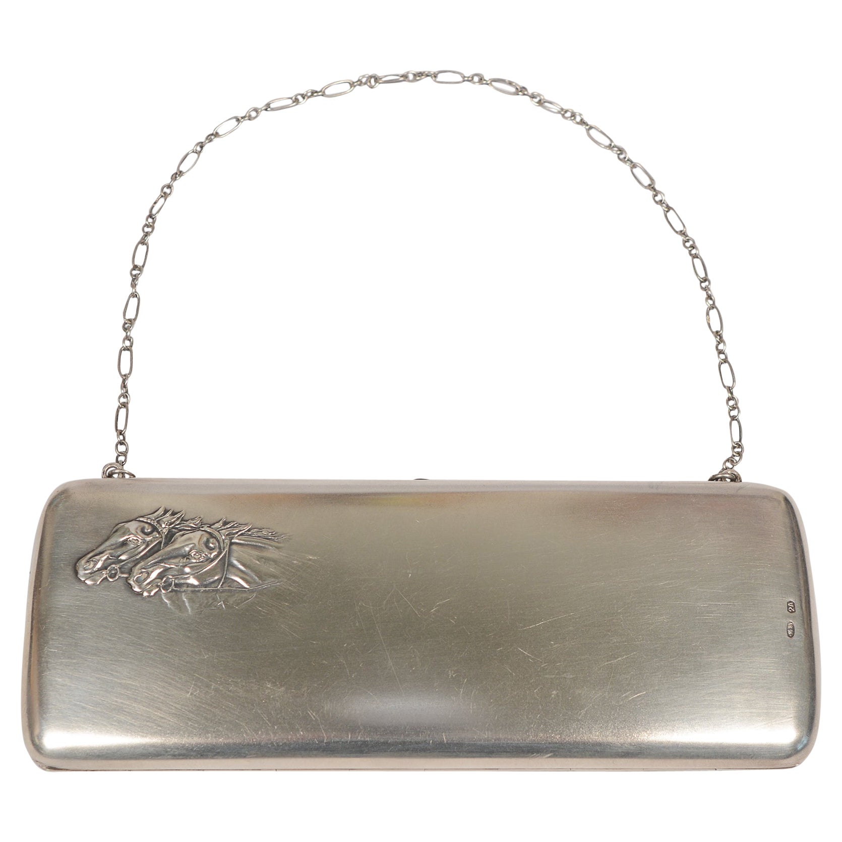 Early 20th Century Russian Silver 84 Clutch Purse with Horses Moscow For Sale